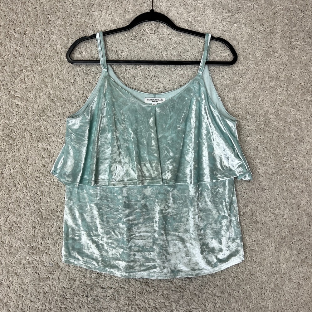 Grayson Threads Velour Ruffle Cami Blouse Womens Medium Blue Tiered Fairy